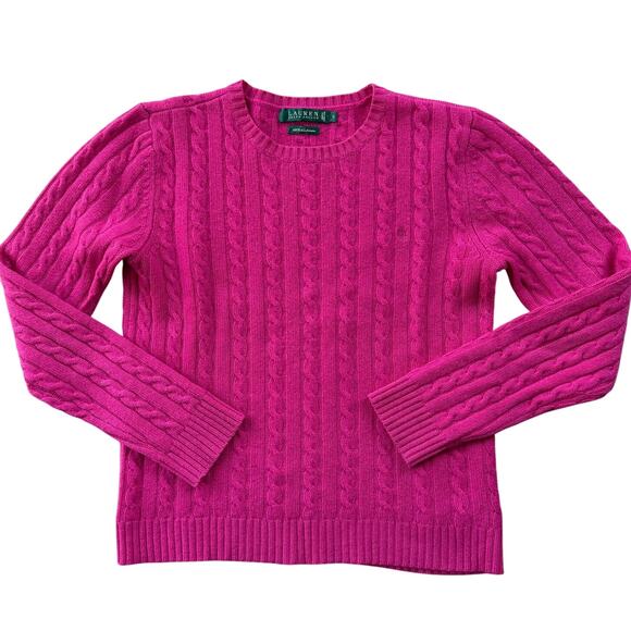 Lauren Ralph Lauren Women 100% Cashmere Cable Knit Sweater Hot Pink Small Luxury - Picture 1 of 9